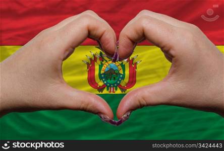 Gesture made by hands showing symbol of heart and love over national bolivia flag
