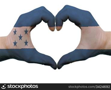 Gesture made by honduras flag colored hands showing symbol of heart and love, isolated on white background