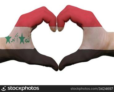 Gesture made by iraq flag colored hands showing symbol of heart and love, isolated on white background