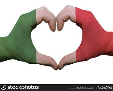 Gesture made by italy flag colored hands showing symbol of heart and love, isolated on white background