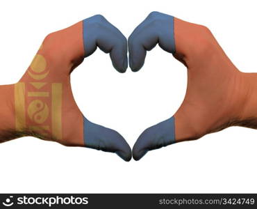 Gesture made by mongolia flag colored hands showing symbol of heart and love, isolated on white background