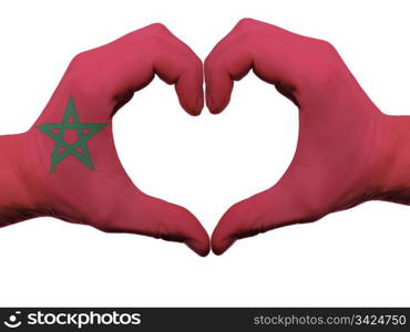 Gesture made by morocco flag colored hands showing symbol of heart and love, isolated on white background