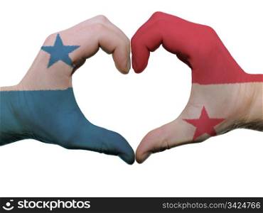 Gesture made by panama flag colored hands showing symbol of heart and love, isolated on white background