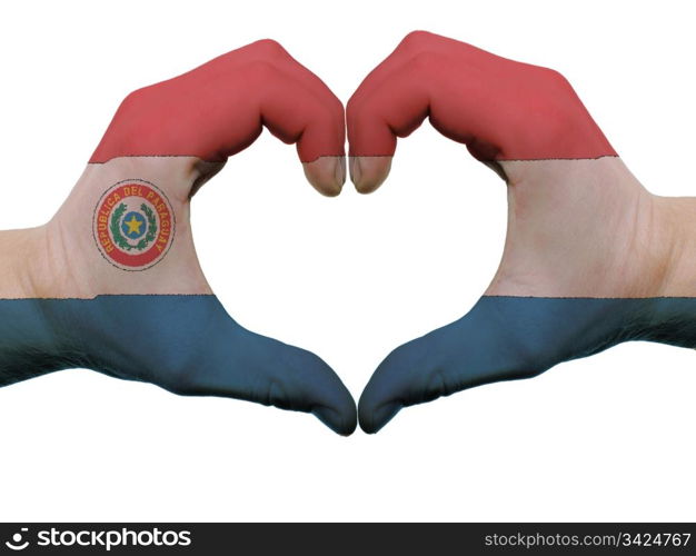 Gesture made by paraguay flag colored hands showing symbol of heart and love, isolated on white background