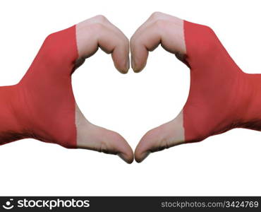 Gesture made by peru flag colored hands showing symbol of heart and love, isolated on white background