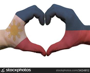 Gesture made by philippines flag colored hands showing symbol of heart and love, isolated on white background