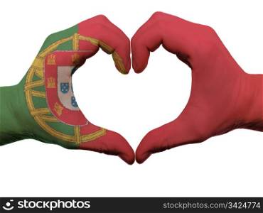 Gesture made by portugal flag colored hands showing symbol of heart and love, isolated on white background