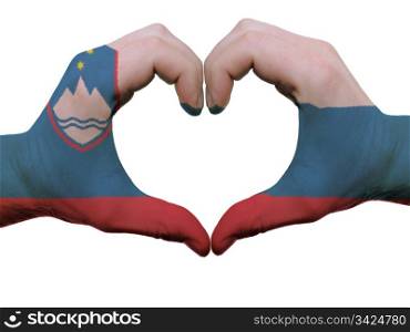 Gesture made by slovenia flag colored hands showing symbol of heart and love, isolated on white background