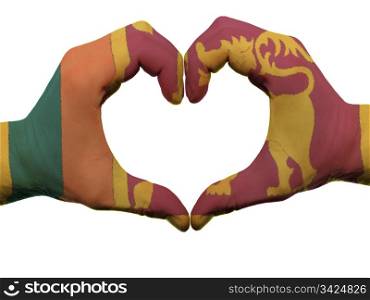 Gesture made by srilanka flag colored hands showing symbol of heart and love, isolated on white background