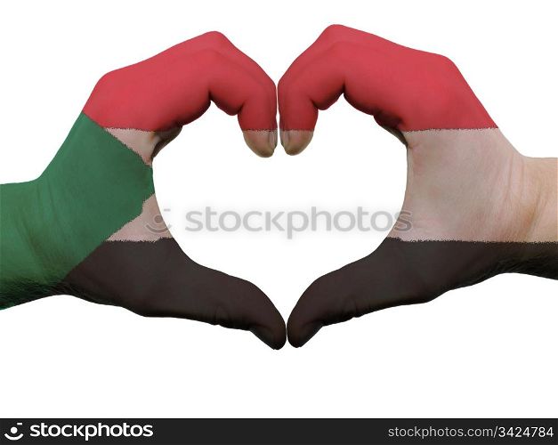 Gesture made by sudan flag colored hands showing symbol of heart and love, isolated on white background