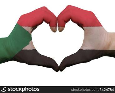 Gesture made by sudan flag colored hands showing symbol of heart and love, isolated on white background