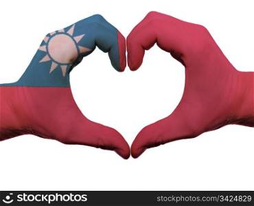 Gesture made by taiwan flag colored hands showing symbol of heart and love, isolated on white background