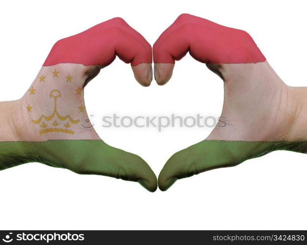 Gesture made by tajikistan flag colored hands showing symbol of heart and love, isolated on white background