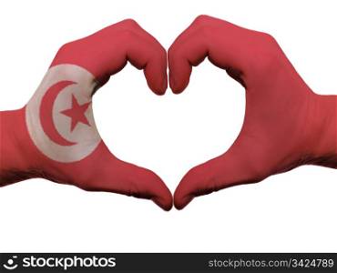 Gesture made by tunisia flag colored hands showing symbol of heart and love, isolated on white background