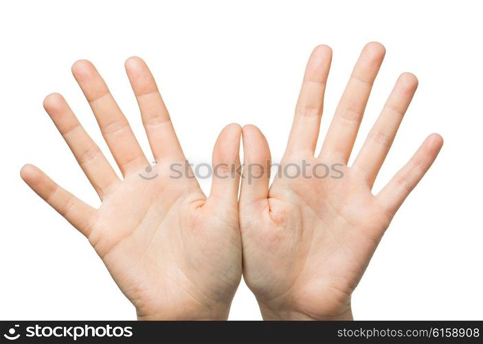 gesture, people and body parts concept - close up of two hands showing palms and fingers