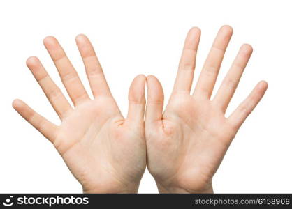 gesture, people and body parts concept - close up of two hands showing palms and fingers