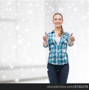 gesture, school and people concept - smiling student girl showing thumbs up over white room and snow background