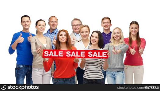 gesture, shopping, advertisement and people concept - group of smiling men and women showing thumbs up and holding red sale sign or banner