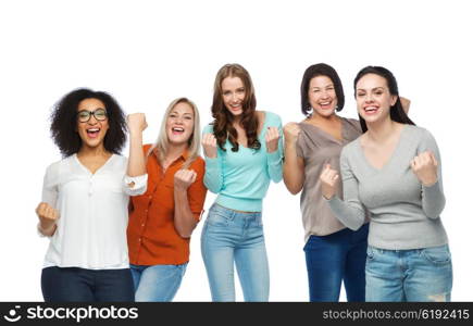 gesture, success, friendship, body positive and people concept - group of happy different size women in casual clothes celebrating victory