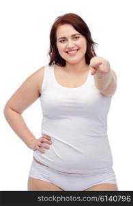 gesture, weight loss and people concept - smiling young plus size woman in underwear showing