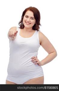gesture, weight loss and people concept - smiling young plus size woman in underwear showing