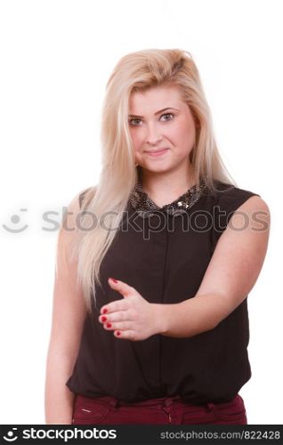 Gestures, meeting people, casual business relations concept. Blonde attractive woman with open hand ready for handshake.. Woman with open hand ready for handshake