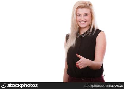 Gestures, meeting people, casual business relations concept. Blonde attractive woman with open hand ready for handshake.. Woman with open hand ready for handshake