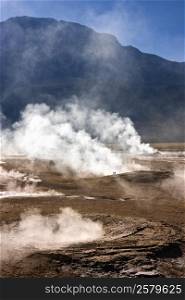Geysers and geo-thermal steam vents at the El Tatio Geyser Field at 4500m (14764ft) in the Atacama Desert in northern Chile