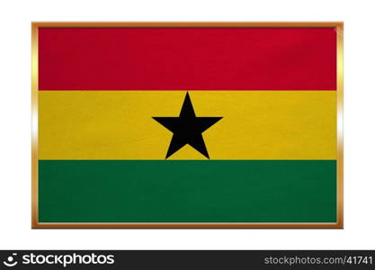 Ghanaian national official flag. African patriotic symbol, banner, element, background. Correct colors. Flag of Ghana , golden frame, fabric texture, illustration. Accurate size, color