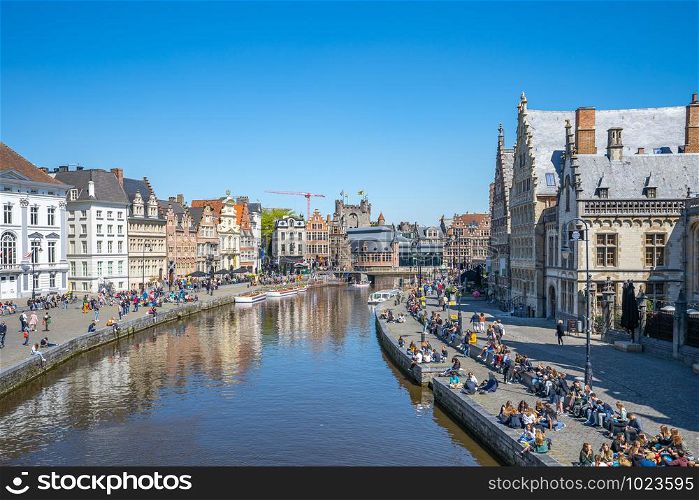 Ghent, Belgium - May 16, 2019: Ghent old town skyline with canal and in Belgium.