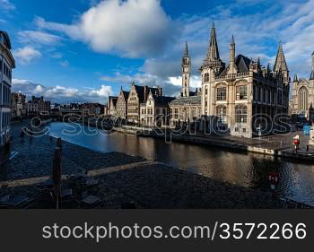 Ghent canal and Graslei street on sunset. Ghent, Belgium