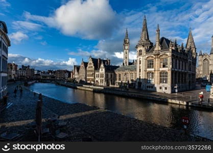 Ghent canal and Graslei street on sunset. Ghent, Belgium