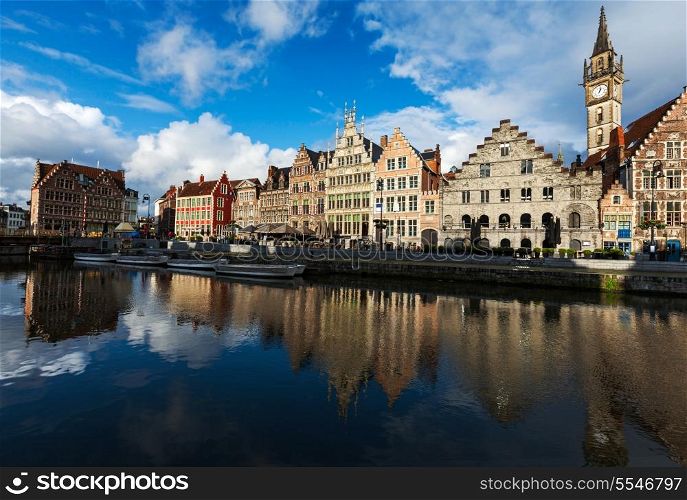 Ghent canal and Graslei street on sunset. Ghent, Belgium