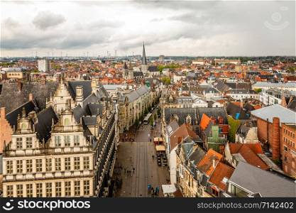 Ghent city historical center panorama view from Belfort Gent bell tower, Flemish Region, Belgium