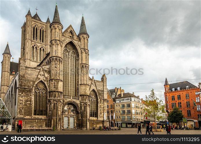 Ghent city historical center with Saint Nicholas cathedral facade, Flemish Region, Belgium