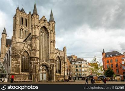 Ghent city historical center with Saint Nicholas cathedral facade, Flemish Region, Belgium