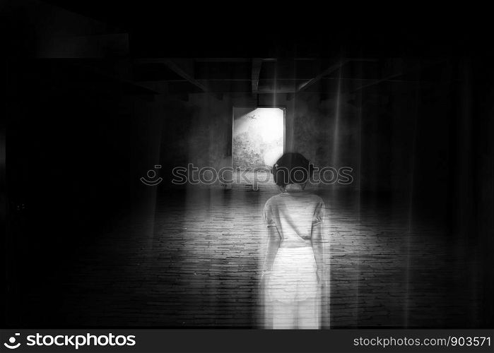 Ghost little girl appears in old dark room, ghost in haunted house, child is confined to death.