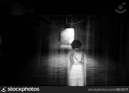Ghost little girl appears in old dark room, ghost in haunted house, child is confined to death.
