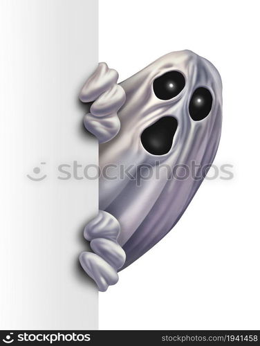 Ghost monster peeking behind a blank white sign as an angry creepy zombie hiding behind a vertical billboard as a halloween message concept in a 3D illustration style.