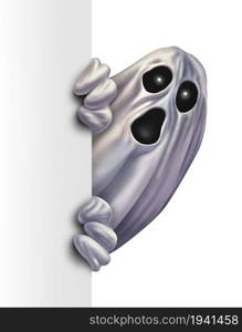 Ghost monster peeking behind a blank white sign as an angry creepy zombie hiding behind a vertical billboard as a halloween message concept in a 3D illustration style.