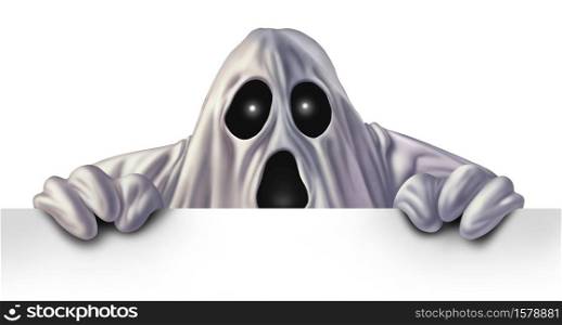 Ghost monster peeking behind a blank white sign as an angry haunted creepy phantom spirit hiding behind a billboard as a halloween message concept in a 3D illustration style.