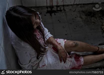 Ghost woman holding knife in room house ,halloween concept
