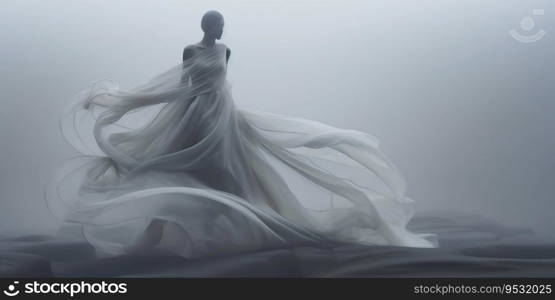 Ghostly Robotic Woman in White Dress on Foggy Day. Generative ai. High quality illustration. Ghostly Robotic Woman in White Dress on Foggy Day. Generative ai