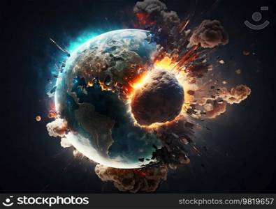  Giant asteroid colliding with a planet or Earth. AI generated Illustration.