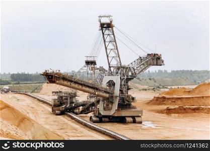 Giant bucket wheel excavator. The biggest excavator in the world. The largest land vehicle. Excavator in the mines.