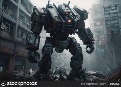 Giant city destroyed robot. Digital light. Generate Ai. Giant city destroyed robot. Generate Ai