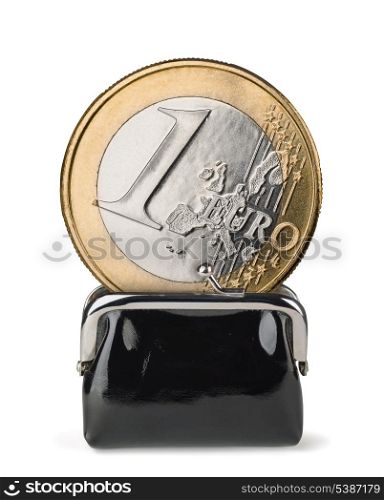 Giant euro coin in black leather purse on white