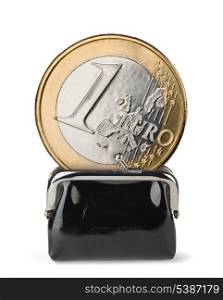Giant euro coin in black leather purse on white