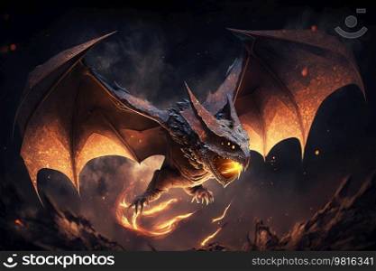 Giant Fantasy Dragon Flying in the Night Sky . AI generated Illustration.