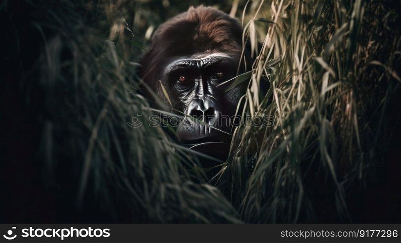 Giant gorilla hiding in the weeds  Illustration Generative AI 